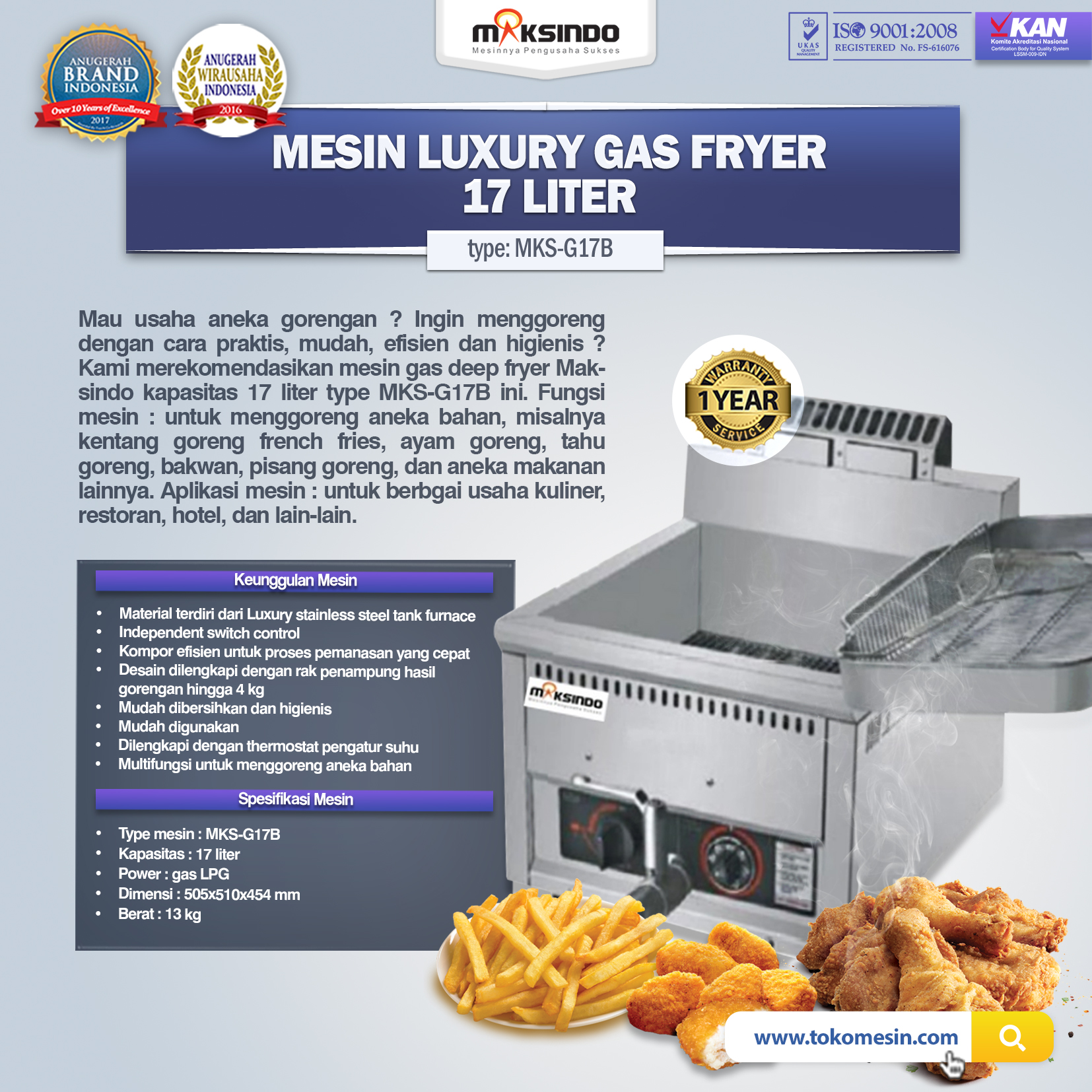 Jual Mesin Luxury Gas Fryer 17 Liter (MKSG17B) di Medan Toko Mesin Maksindo Medan